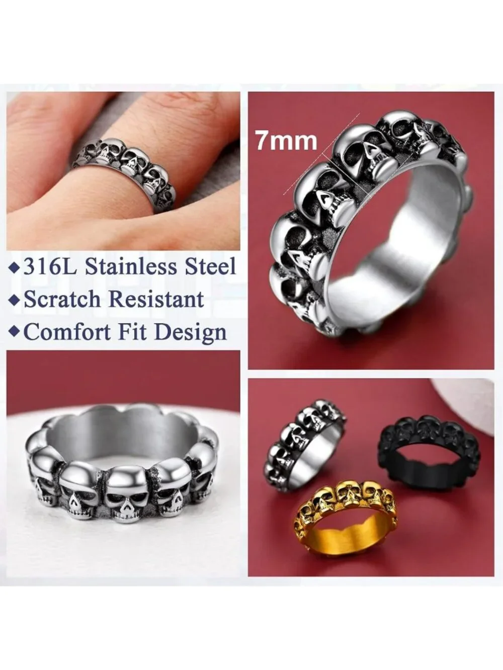 Gothic Skull Ring for Men - Stainless Steel Biker Band, Punk Jewelry, Gift Boxed
